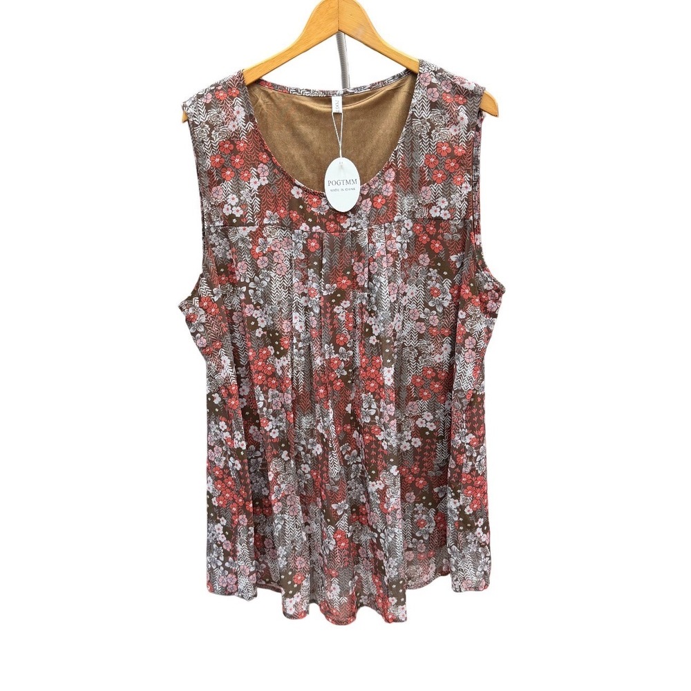 NWT Boho Floral Pleated Women 3X Plus Tank Top Sleeveless Lined Brown Cottage